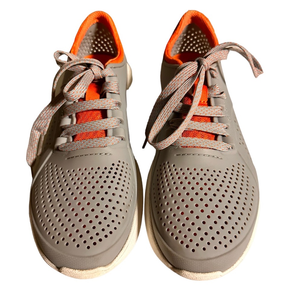 CROCS Gray Orange Unisex Perforated Lace Up Sneakers Tennis Shoes Size 6 M 8 W